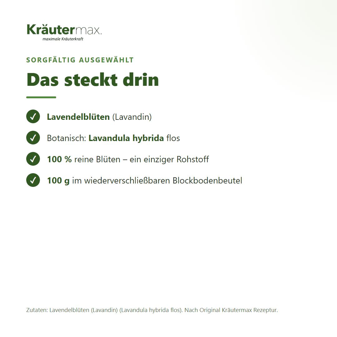 Kräutermax Lavendelblüten Tee: Inhaltsstoffe und Menge 100g.
