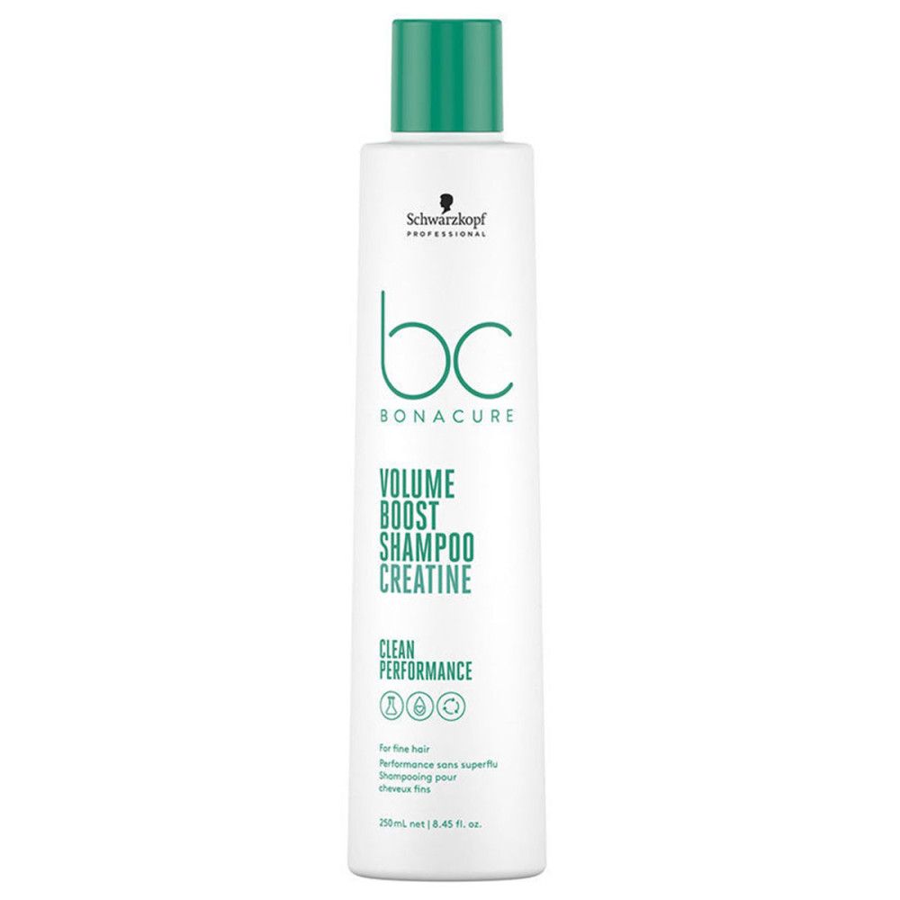 Weißes Shampoo mit grünem Deckel. Aufschrift: bc BONACURE VOLUME BOOST SHAMPOO CREATINE. Schwarzkopf Professional.