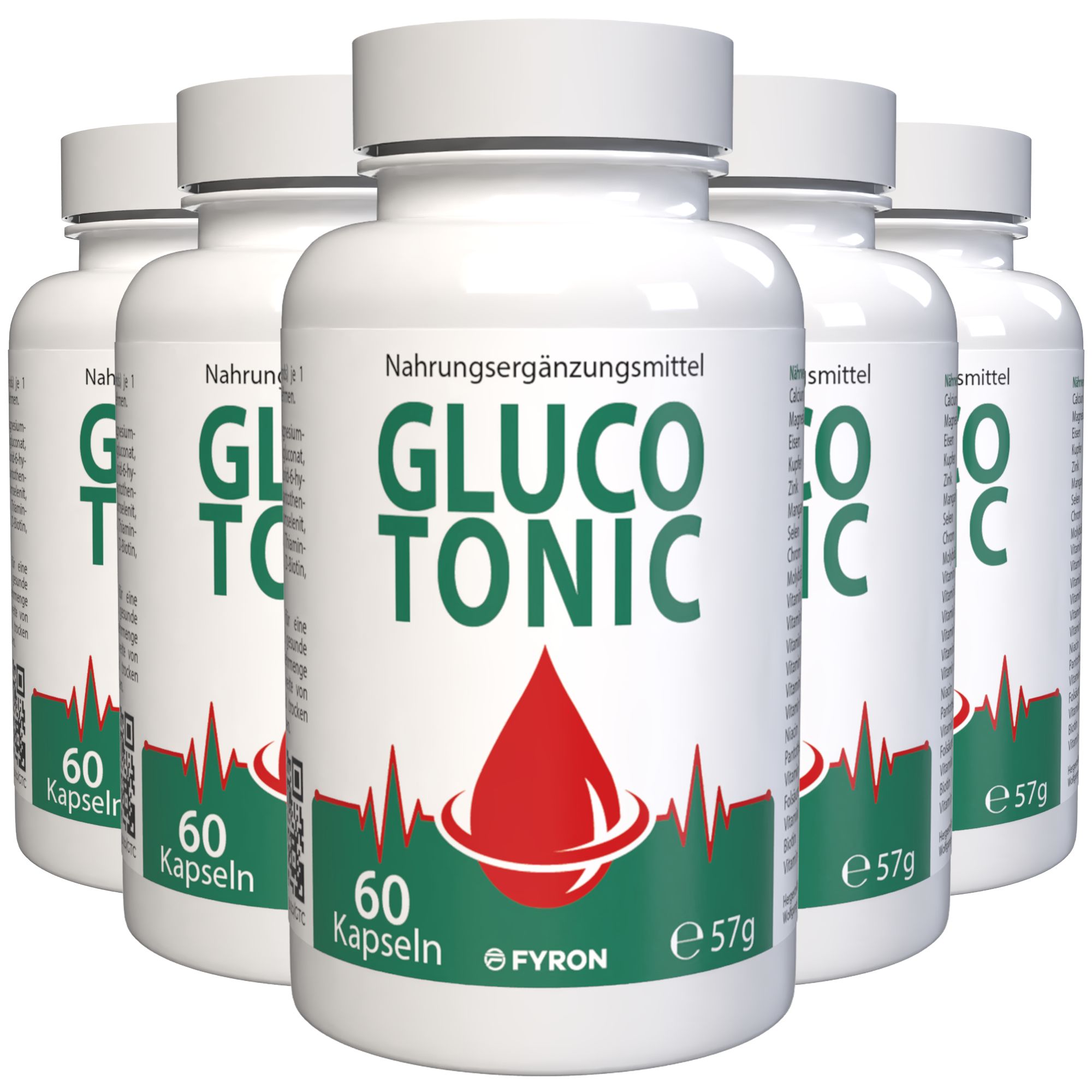 Fünf Flaschen Glucotonic Nahrungsergänzungsmittel, je 60 Kapseln, 57g.