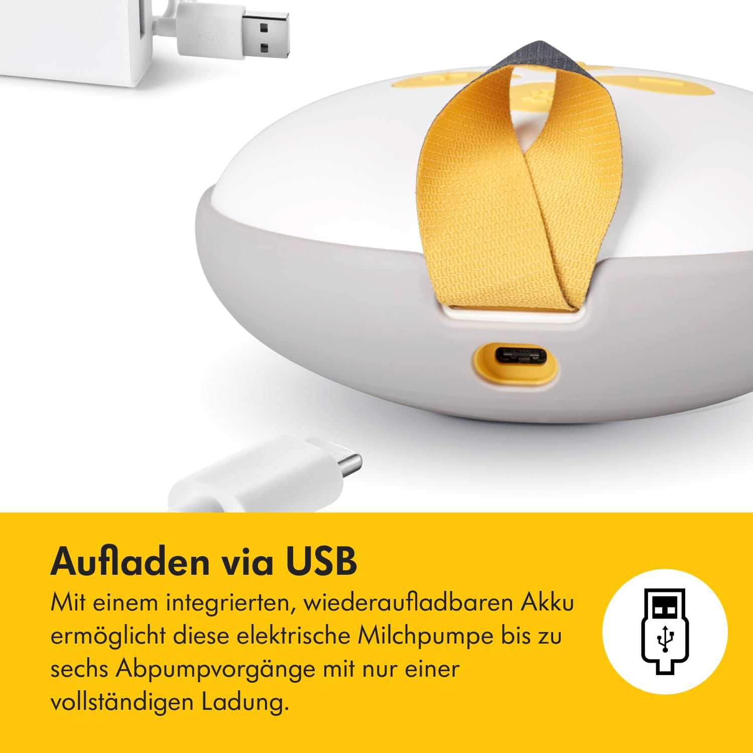 Nahaufnahme einer elektrischen Milchpumpe mit USB-Anschluss. Text: "Aufladen via USB".