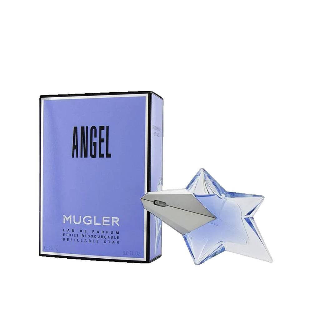Blaues Parfüm in sternförmiger Flasche und Verpackung. Verpackung mit Schriftzug ANGEL und MUGLER.