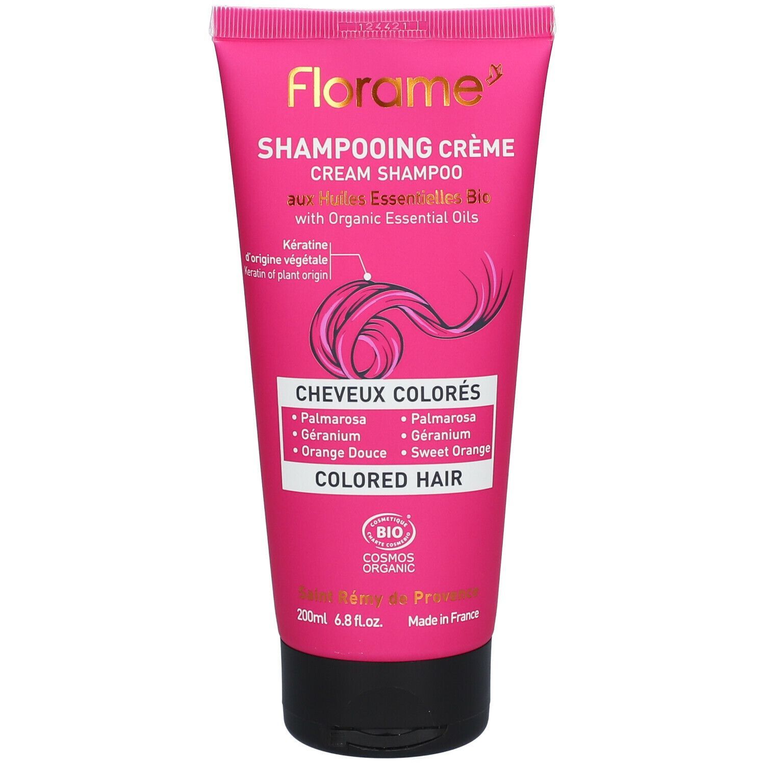 Rosa Tube mit Schriftzug "Florame". Creme-Shampoo für coloriertes Haar. Mit Bio-Zertifizierung.
