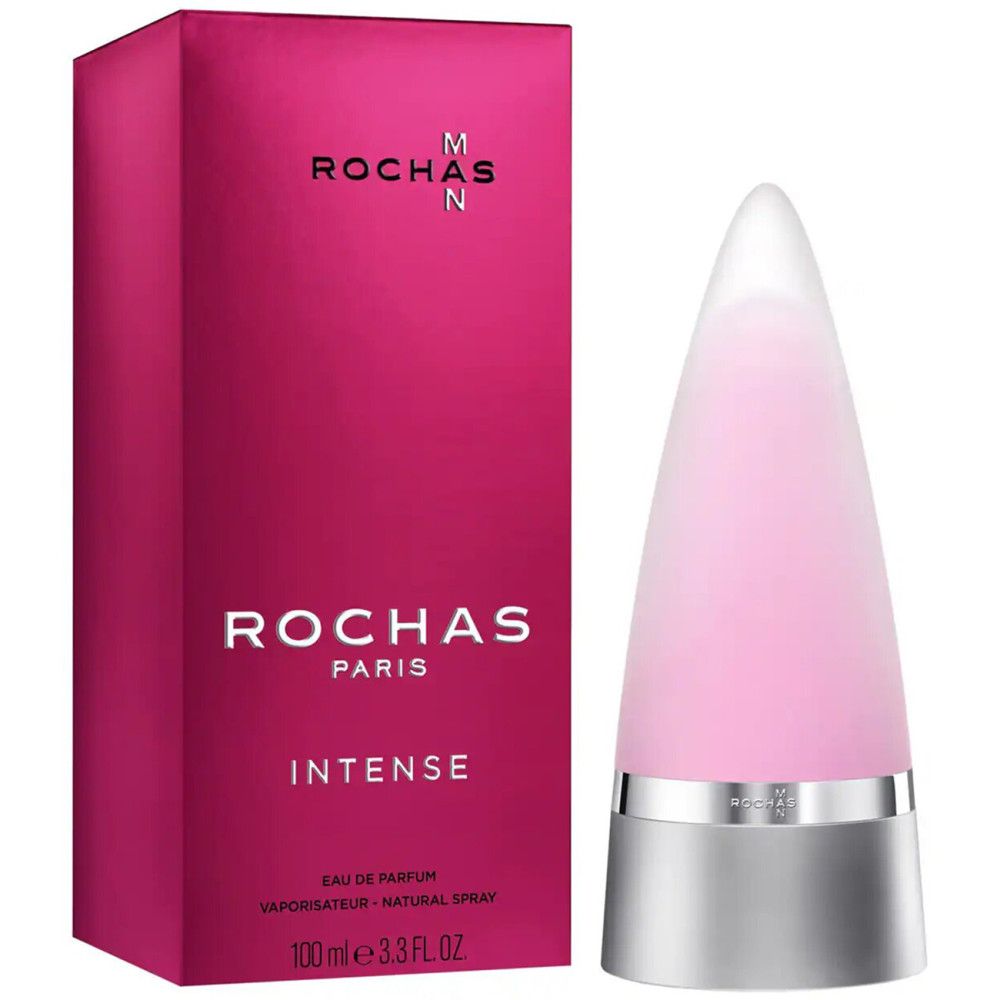 Rochas Man Intense Eau de Parfum Spray. Pinkfarbener Flakon in Kegelform, daneben eine rechteckige Verpackung. Beide mit Logo und Schrift.