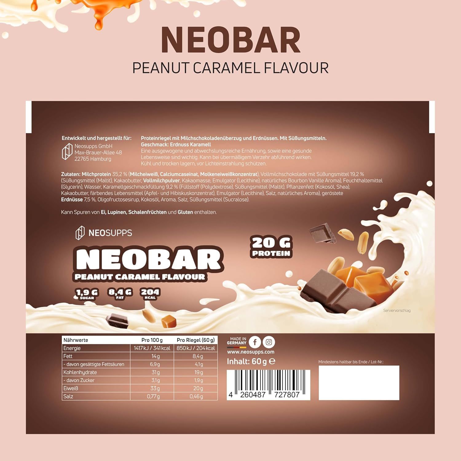 NeoBar-Verpackung. Aufschrift: NeoBar Peanut Caramel Flavour, 20g Protein. Zutatenliste und Nährwertangaben. 60g.