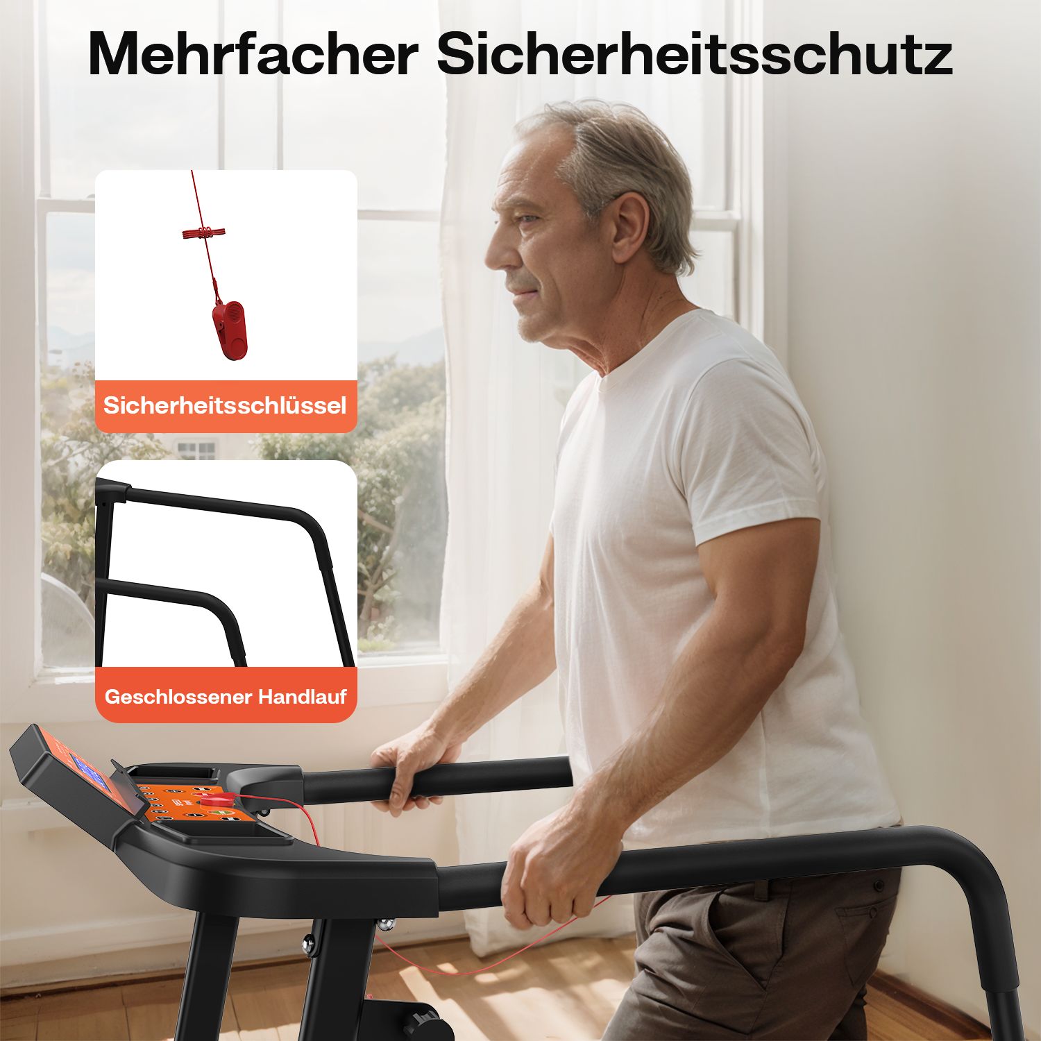 Schwarzes Laufband mit Handläufen. Sicherheitsmerkmale werden gezeigt. Text: Mehrfacher Sicherheitsschutz, Sicherheitsschlüssel, geschlossener Handlauf.