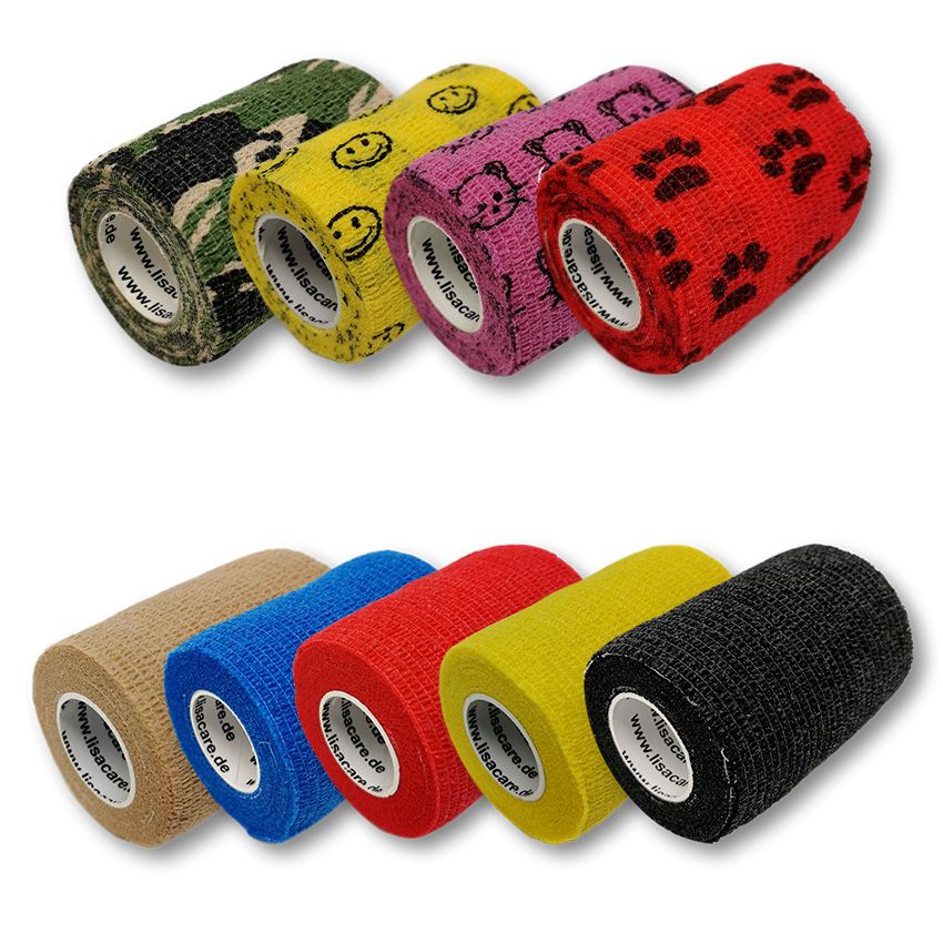 Verschiedenfarbige kohäsive Bandagen. Muster: Camouflage, Smileys, rosa Tiere, rote Pfoten. Untere Reihe: Beige, blau, rot, gelb, schwarz.