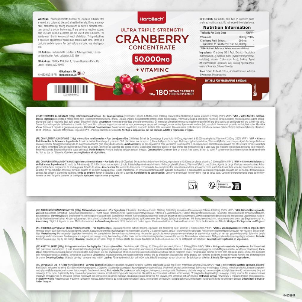 Produktinformationen. Cranberry Concentrate 50.000mg + Vitamin C. 180 Kapseln. Vegan. Inhaltsstoffe.