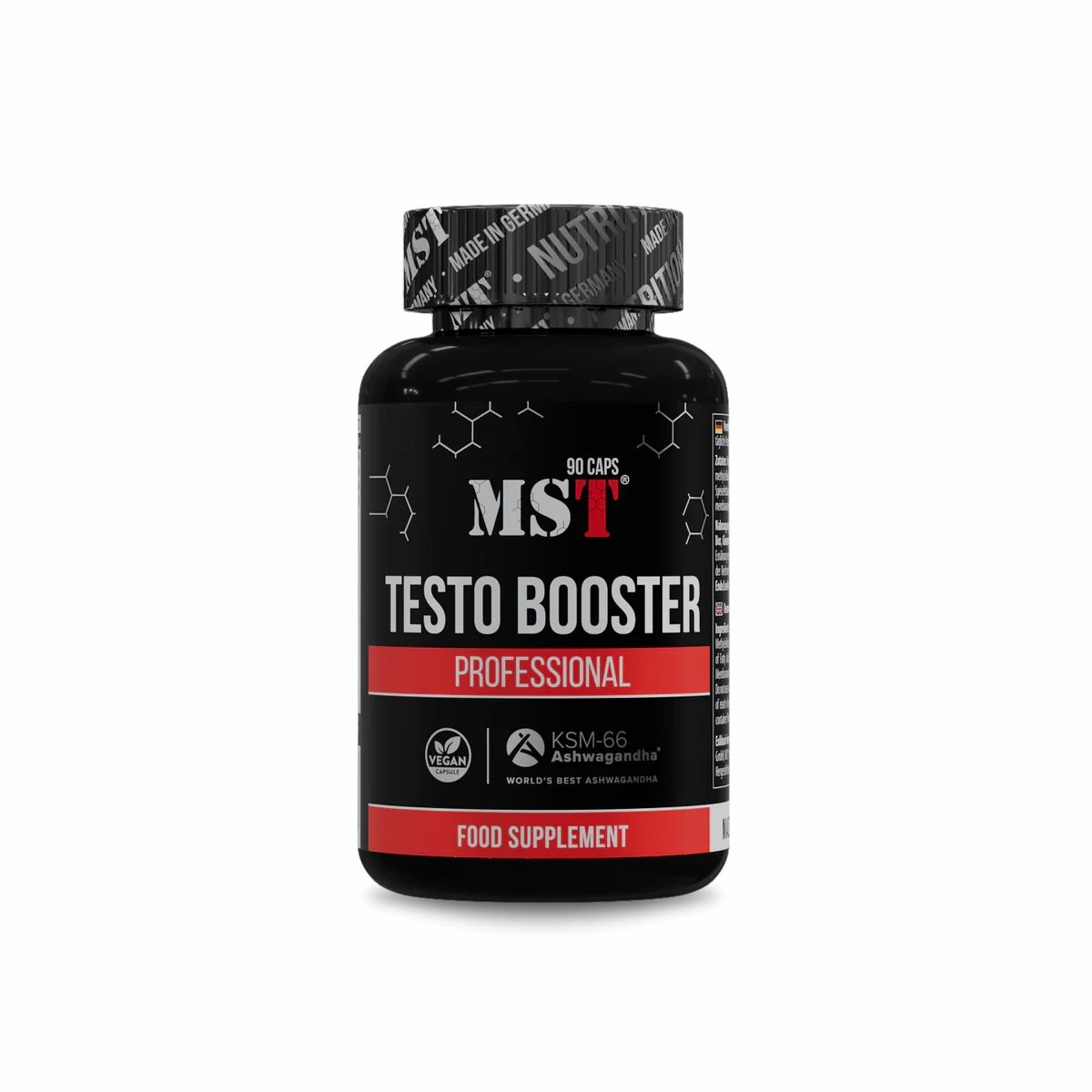 Schwarze Kapsel-Dose mit rotem Streifen. Aufschrift: MST Testo Booster Professional. 90 Kapseln. Vegan. KSM-66 Ashwagandha. Nahrungsergänzungsmittel.