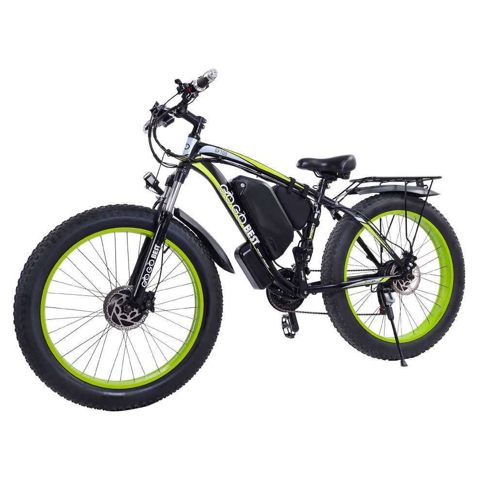 Schwarzes E-Bike mit grünen Felgen. Gepäckträger, Akku und Shimano-Schaltung. GOGOBEST-Logo sichtbar.