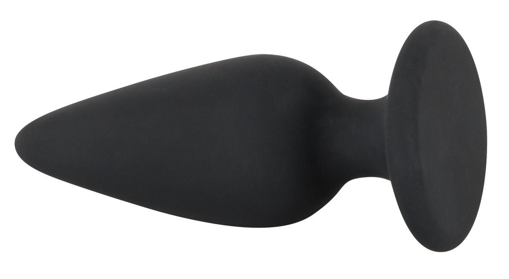 Schwarzer Analplug mit Standfuß. Kegelförmiger Aufsatz, runder Fuß. Horizontale Ansicht.