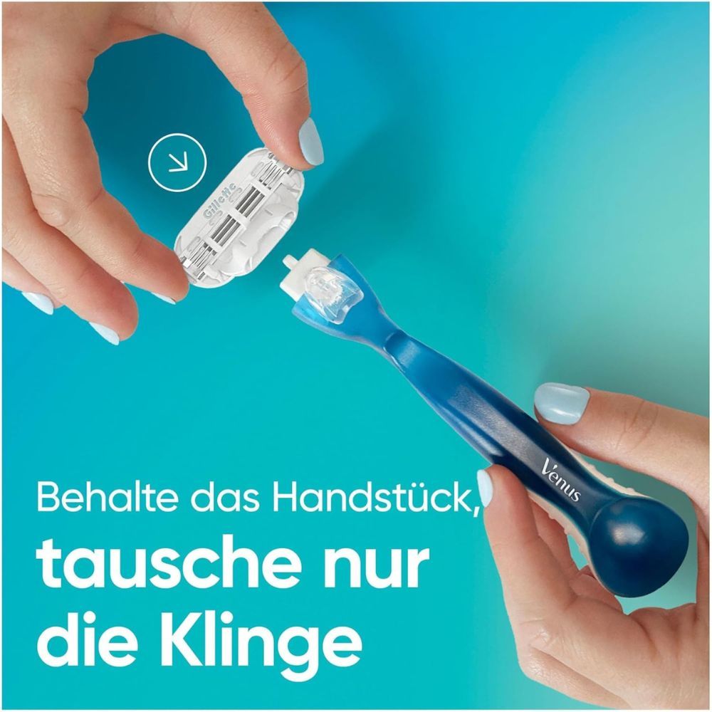 Hände tauschen Rasierklinge. Blaues Handstück, weiße Klinge. Text: Behalte das Handstück, tausche nur die Klinge.