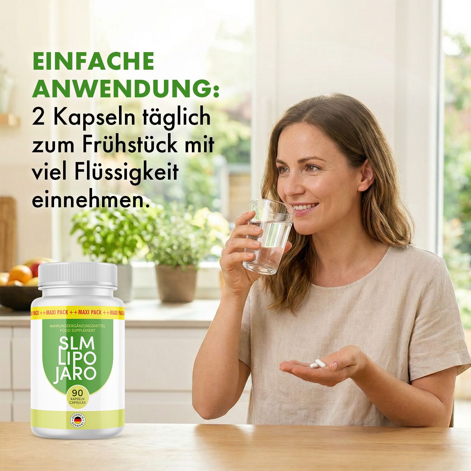 Frau trinkt Wasser und hält Pillen. Daneben Pillenbehälter mit grünem Etikett. Aufschrift: SLM LIPO JARO, 90 Kapseln.