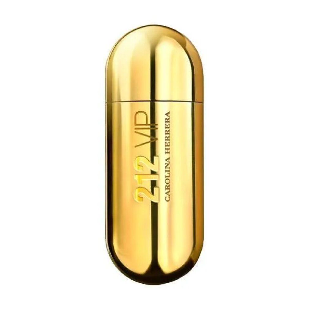 Goldfarbener Flakon. Aufschrift: 212 VIP, Carolina Herrera. Eau de Parfum Spray.