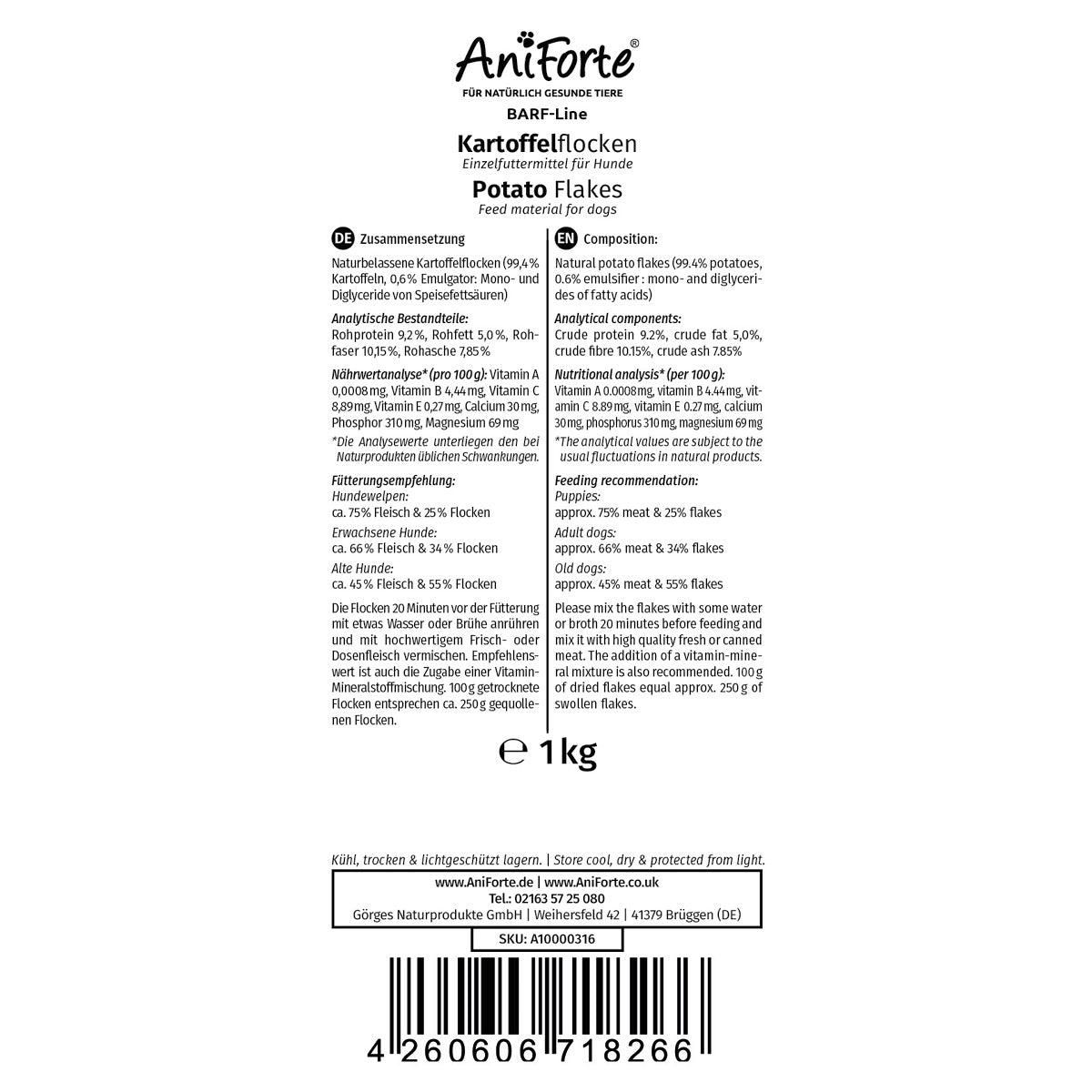 Verpackung von AniForte Kartoffelflocken. Text: BARF-Line, Kartoffelflocken, 1 kg. Zusammensetzung, Analytische Bestandteile, Fütterungsempfehlung.
