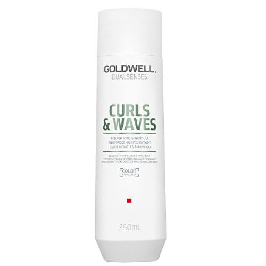 Goldwell Dual Senses Curls & Waves Shampoo. Weiße Flasche. Text: Curls & Waves, Hydrating Shampoo. 250mL.