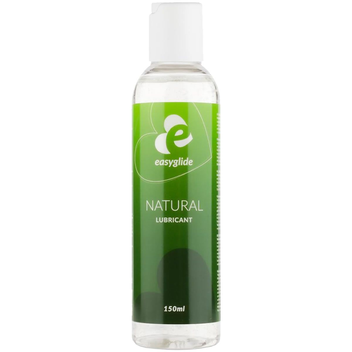 Klare Flasche mit weißem Deckel. Grün-weißes Etikett mit Schriftzug "NATURAL LUBRICANT" und Logo. 150ml.