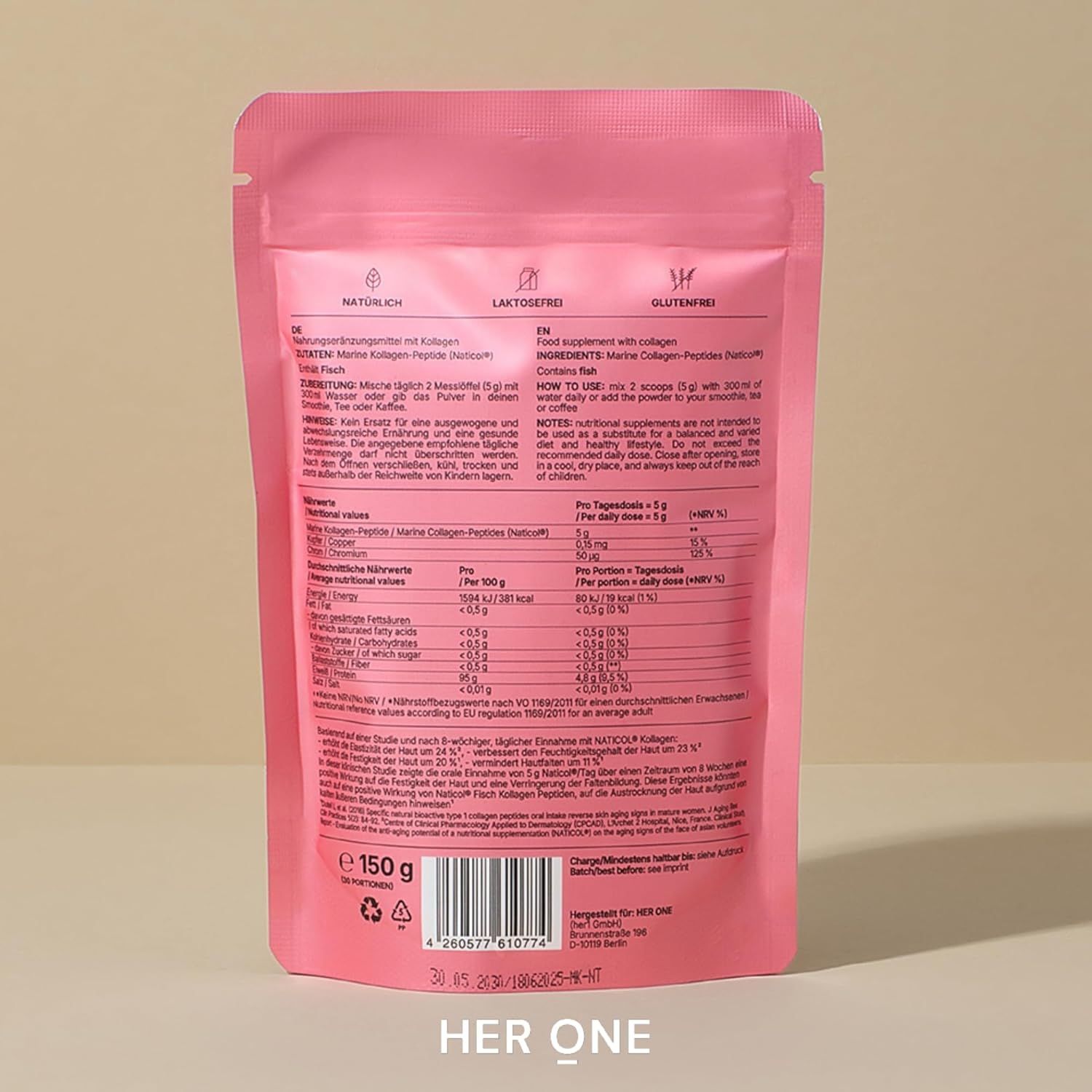 Rückseite eines rosa Beutels mit HER ONE Marine Kollagen. Enthält Nährwertangaben und Inhaltsstoffe. Text in Deutsch und Englisch.