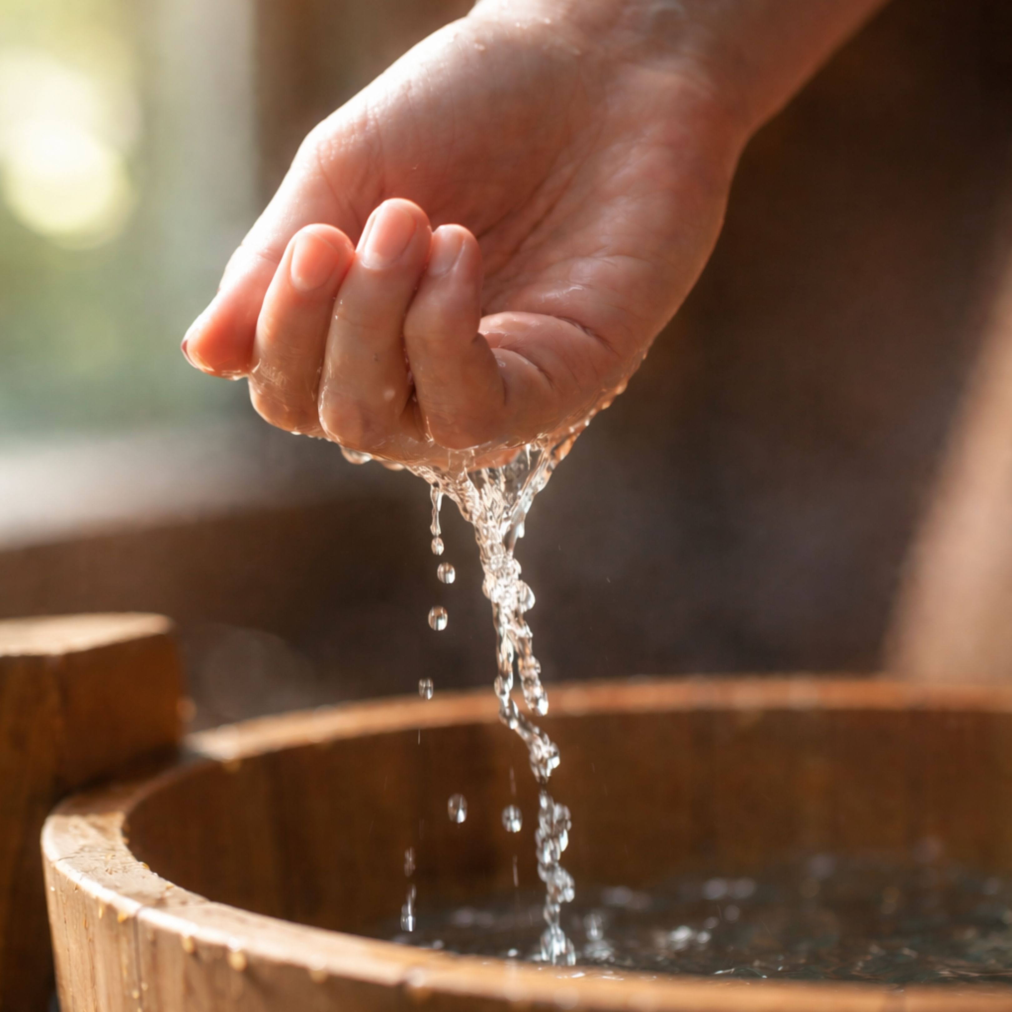 Hand gießt Wasser in Holzeimer. Wasserstrahl. Holzstruktur. Sauna-Kontext.