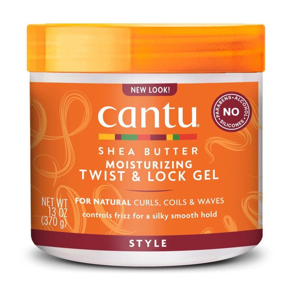 Runde Dose Cantu Gel. Weißer Behälter mit orangefarbenem Deckel. Gelb-orangefarbenes Etikett mit Produktnamen und Text. Enthält 13 oz / 370 g.