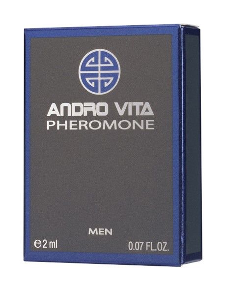 Dunkelblaue Schachtel mit silbernem Schriftzug. Oben Logo, darunter "ANDRO VITA PHEROMONE". Unten "MEN", "e2 ml" und "0.07 FL.OZ.".