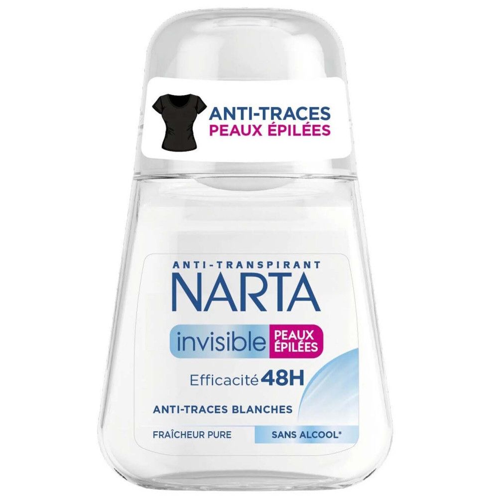 Deo-Roller, transparent. Aufschrift NARTA, invisible, 48H. Anti-Flecken, für epilierte Haut. Ohne Alkohol.