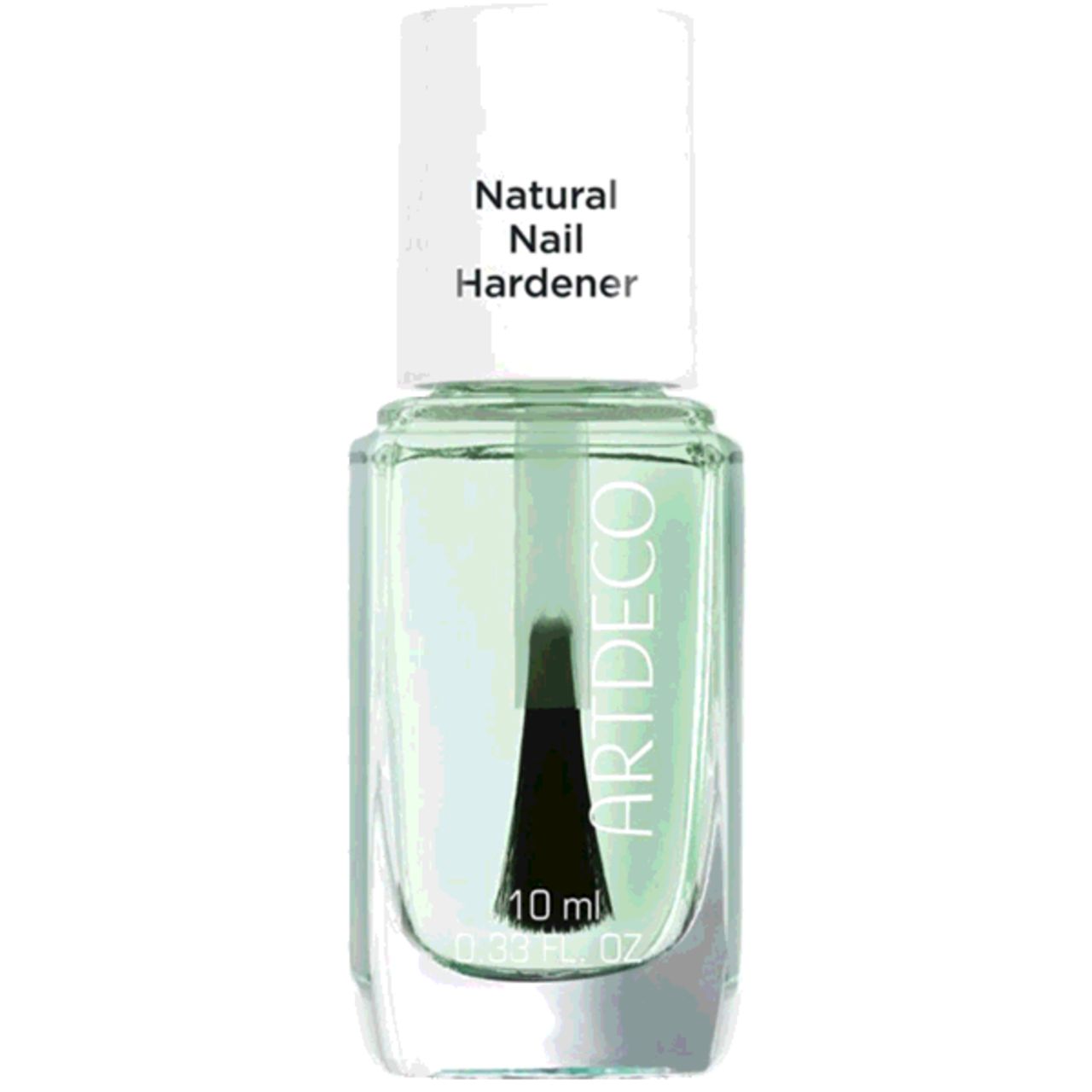 Artdeco Natural Nail Hardener. Klare Flüssigkeit in einer Glasflasche mit weißem Deckel. Schwarzer Pinsel. 10 ml.