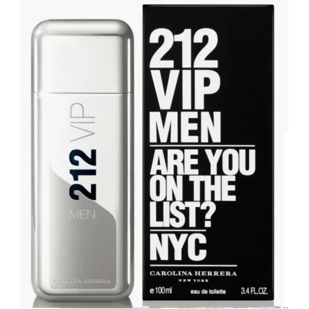 Silberfarbener Flakon und schwarze Schachtel. Aufschrift: 212 VIP MEN, ARE YOU ON THE LIST? NYC. Marke Carolina Herrera.