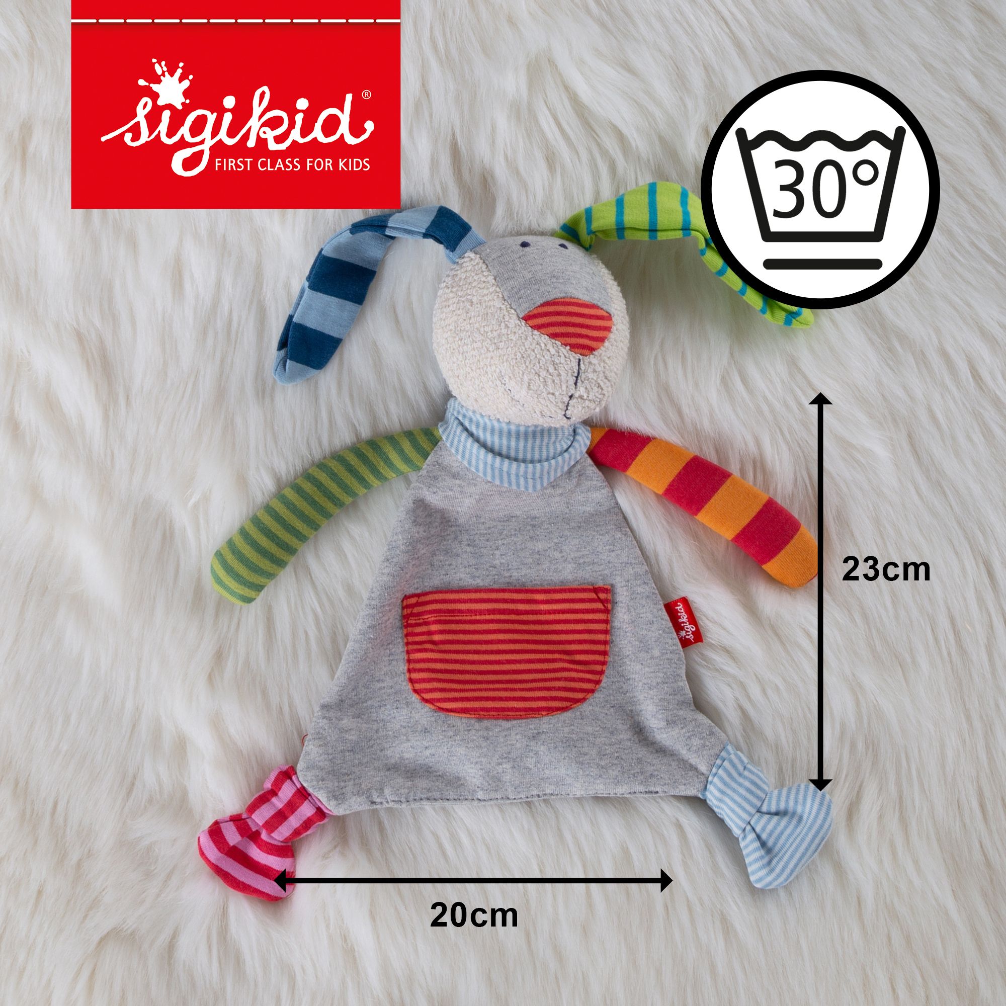 SIGIKID Schnuffeltuch, grau, Hasenform. Maße: 20x23cm. Waschsymbol 30°. Logo SIGIKID.