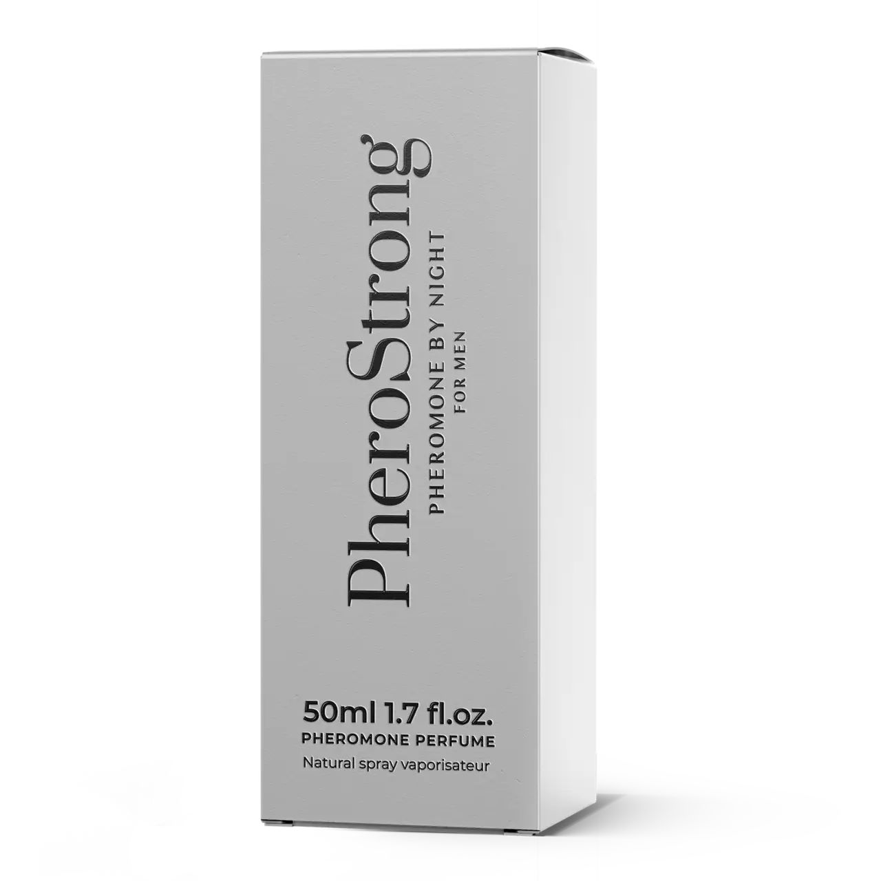 Graue rechteckige Verpackung. Text: PheroStrong By Night für Männer, 50ml 1.7 fl.oz., Pheromon-Parfüm, Natural Spray Vaporisateur.