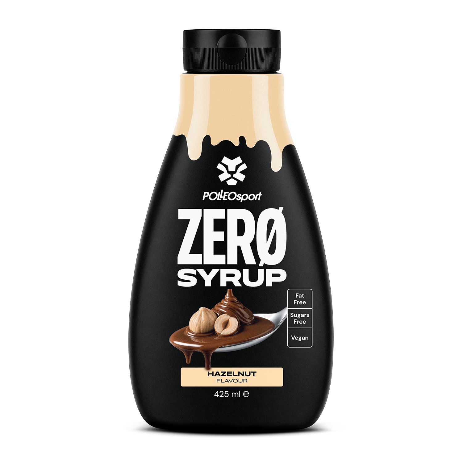 Flasche PolleoSport Zero Sirup, Haselnussgeschmack. Fettfrei, zuckerfrei, vegan. 425 ml.