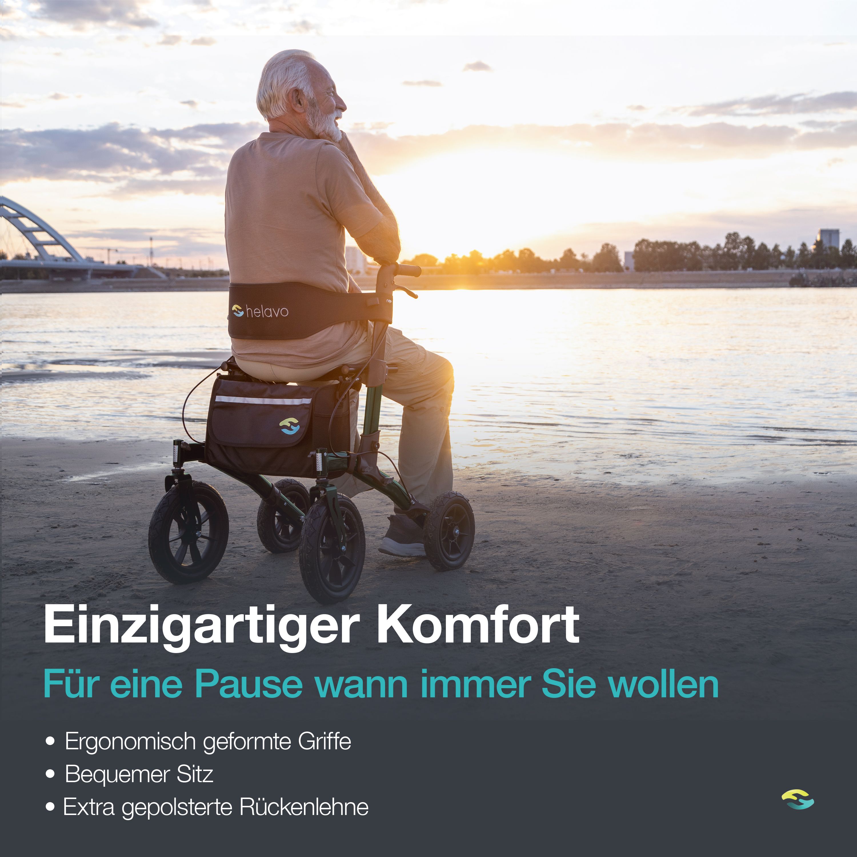 Älterer Mann sitzt auf grünem Rollator am Wasser. Ergonomische Griffe, bequemer Sitz und Rückenlehne.