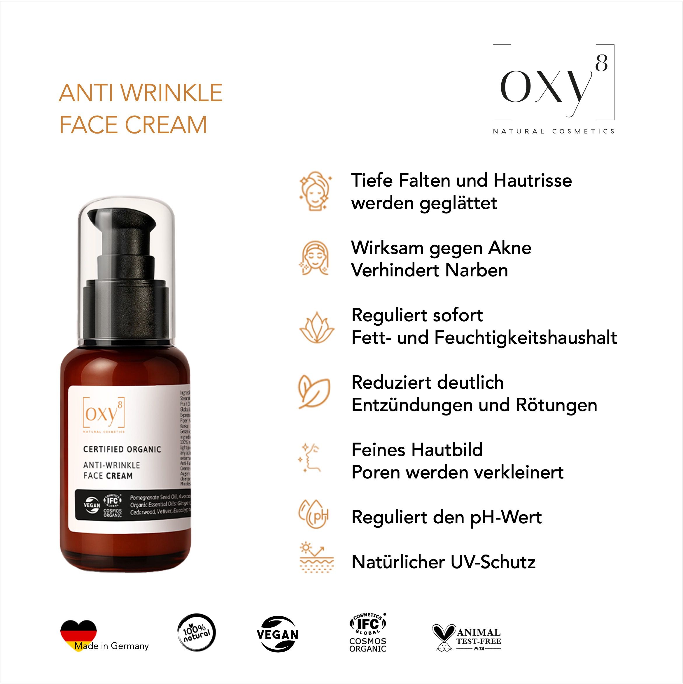 Produktflasche mit Text und Icons. Anti-Wrinkle Face Cream. Wirksam gegen Falten, Akne, Narben. Vegan, Bio.
