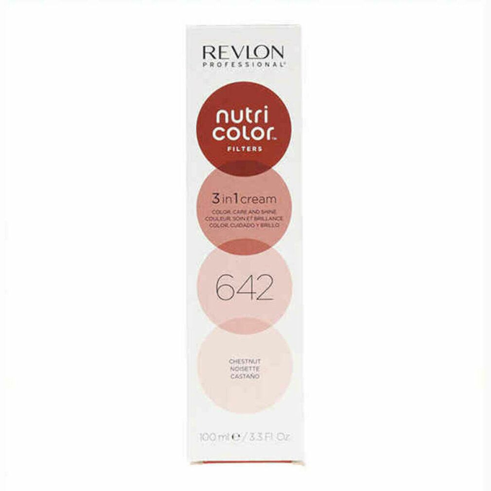 Verpackung der Haarfarbe. Marke Revlon. Farbton 642, Castaño. 3-in-1-Creme. 100 ml.