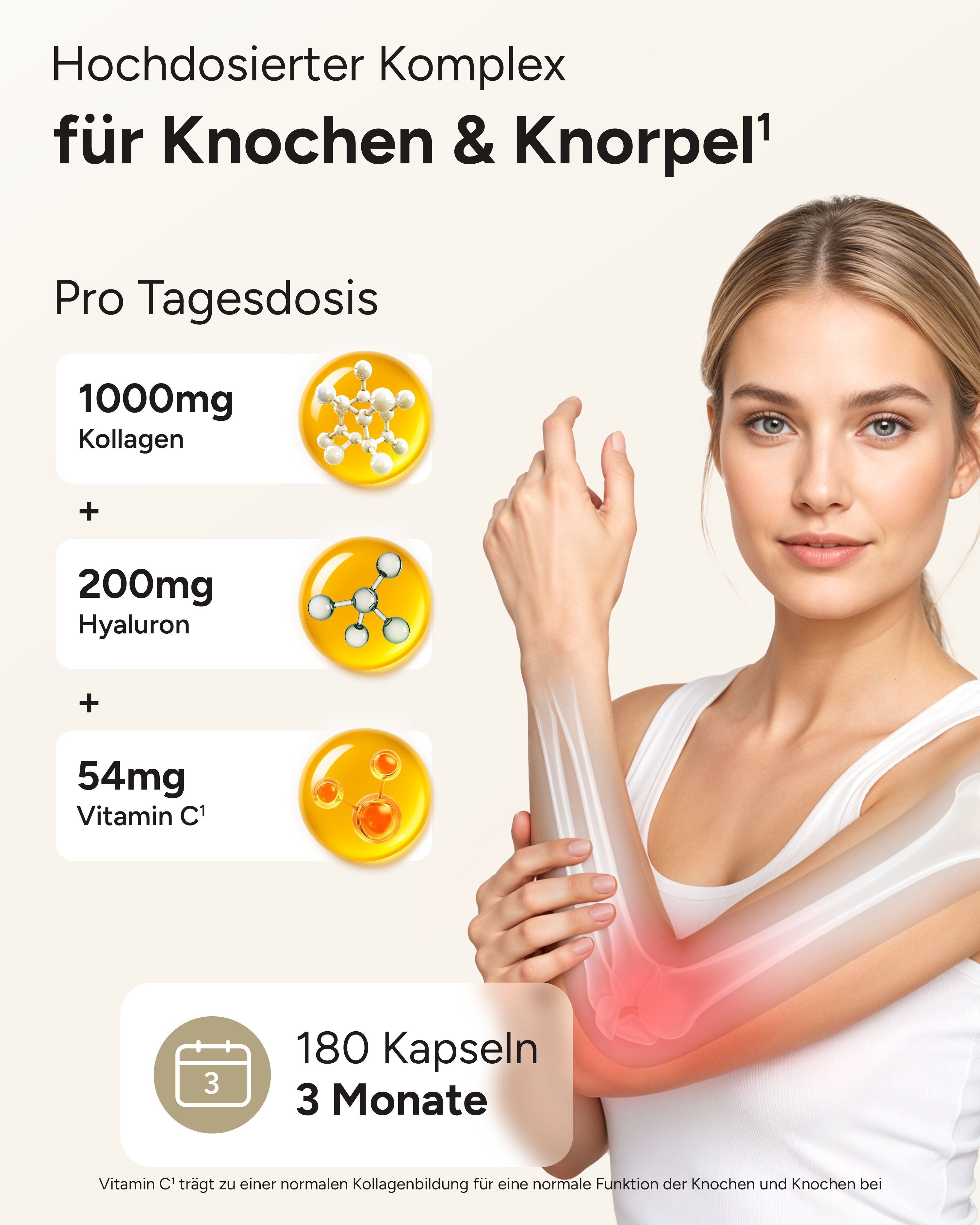 Frau mit Arm. Diagramm mit 1000mg Kollagen, 200mg Hyaluron, 54mg Vitamin C. 180 Kapseln für 3 Monate.