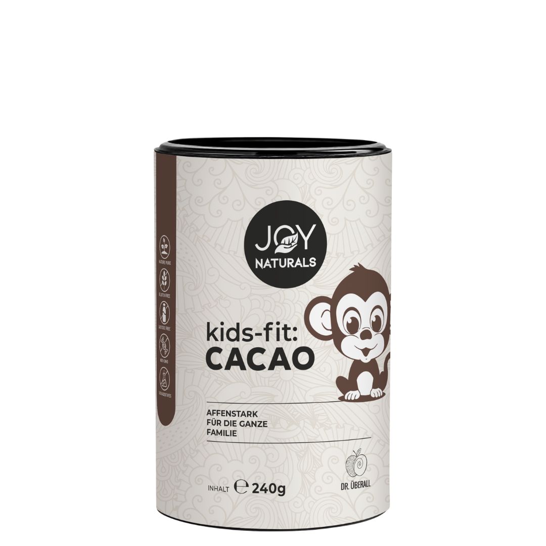 Zylindrische Dose mit JOY NATURALS kids-fit:CACAO. Logo mit Affe. Text: Affenstark für die ganze Familie.
