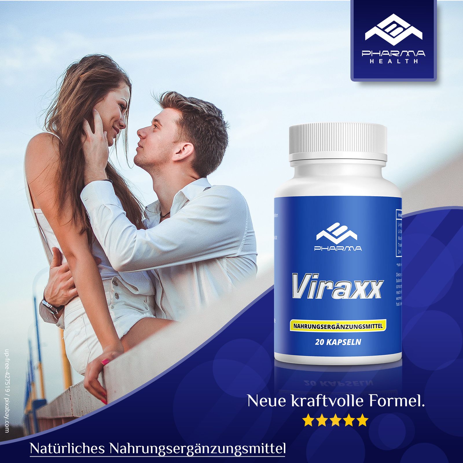 Werbebild mit Flasche Viraxx, Pharma. Text: Natürliches Nahrungsergänzungsmittel, Neue kraftvolle Formel. Paar am Meer.