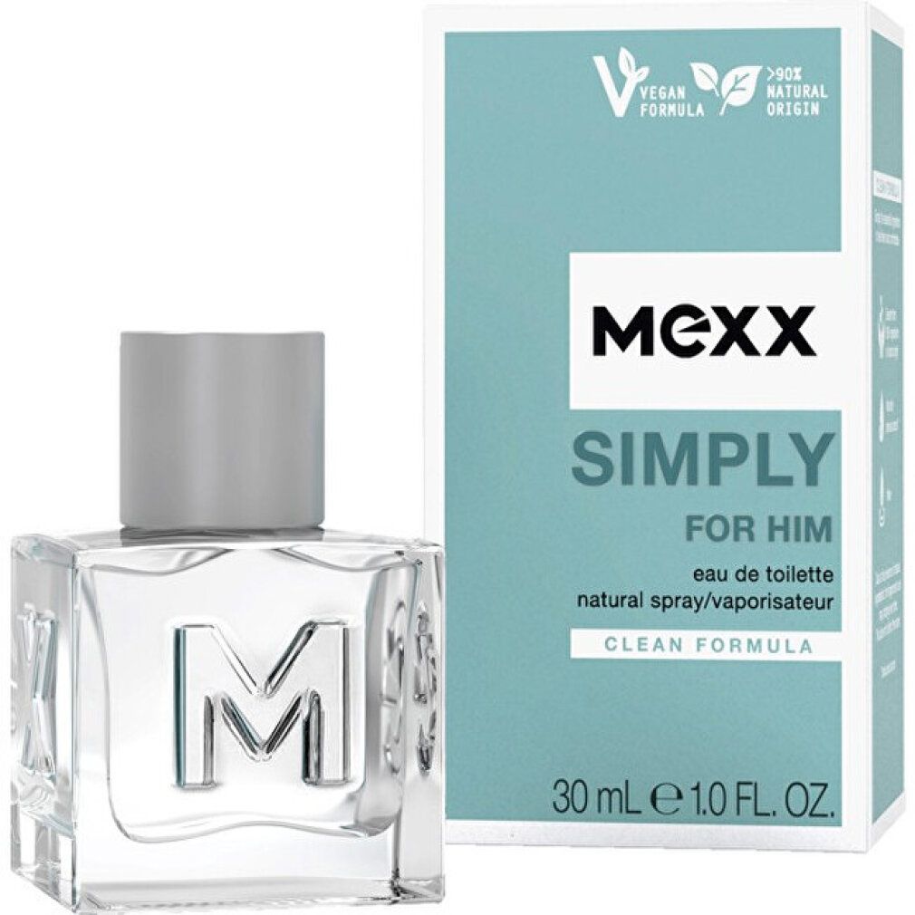 Glasflakon und Verpackung. Auf der Verpackung steht 'MEXX SIMPLY FOR HIM'. Vegan- und Naturursprung-Logo.