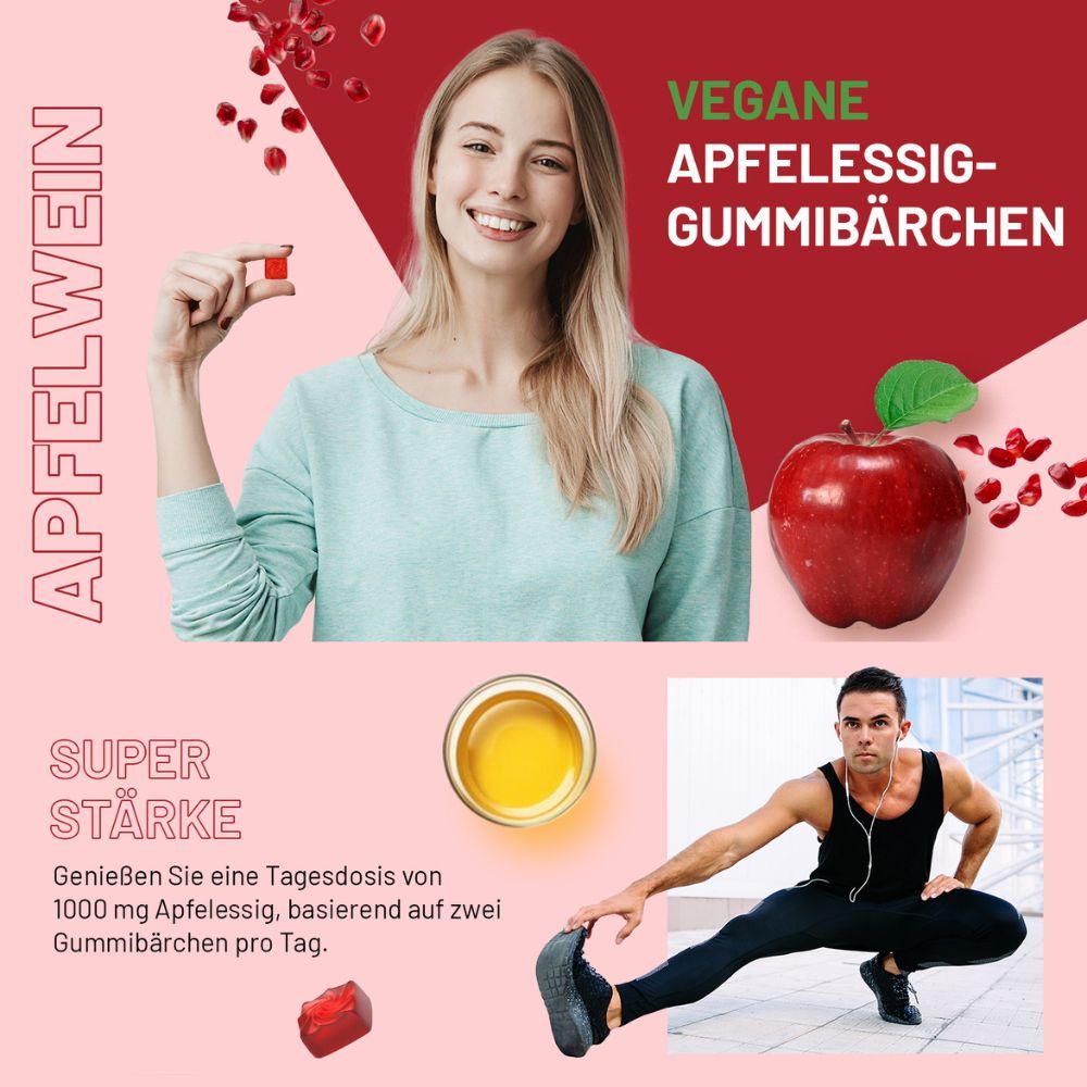Werbefoto mit Frau, Apfel, Gummibärchen und Mann. Text: Vegane Apfelessig-Gummibärchen, Super Stärke. Apfelwein-Logo.