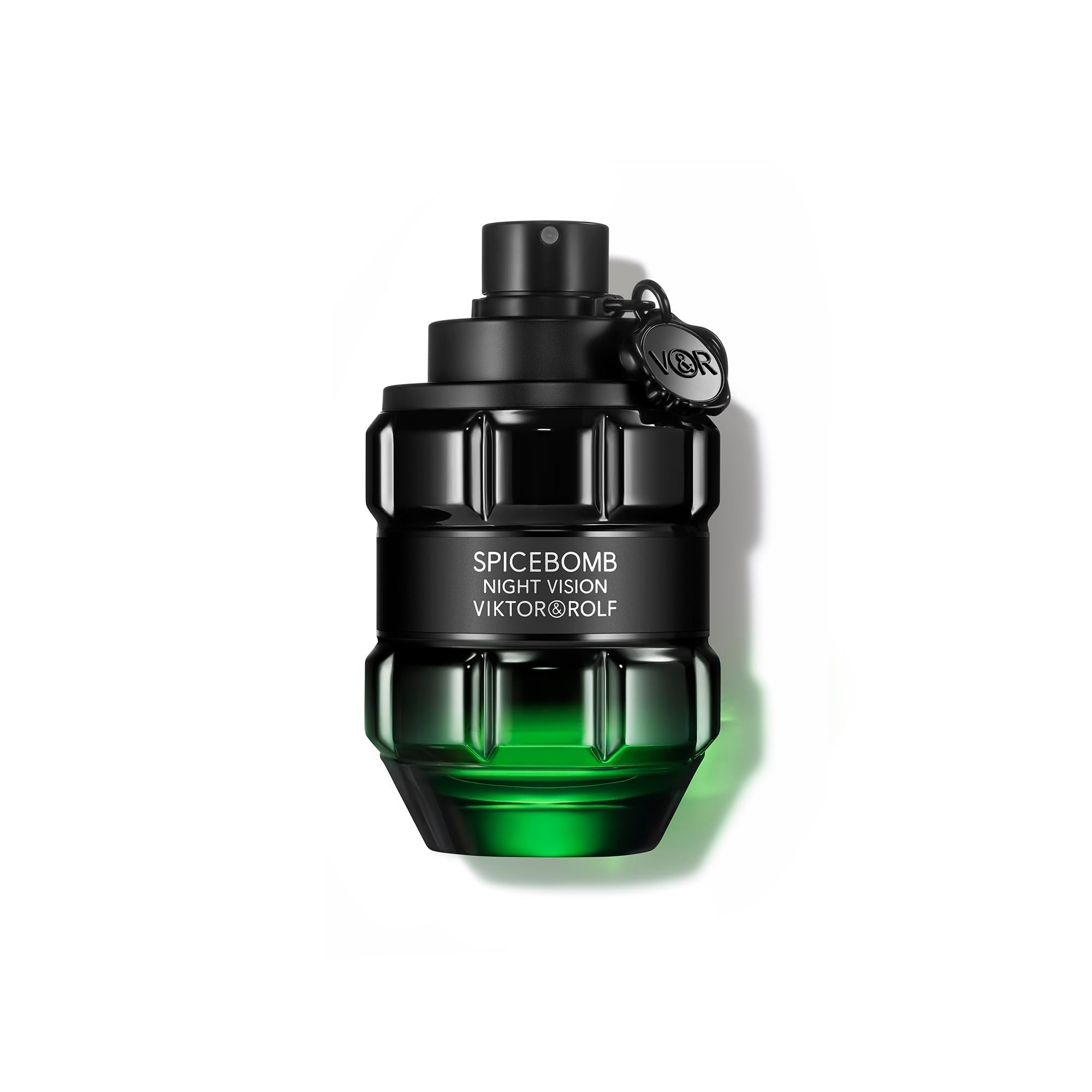Schwarze Flasche mit grünem Boden. Aufschrift: Spicebomb Night Vision Viktor & Rolf. Sprühkopf.