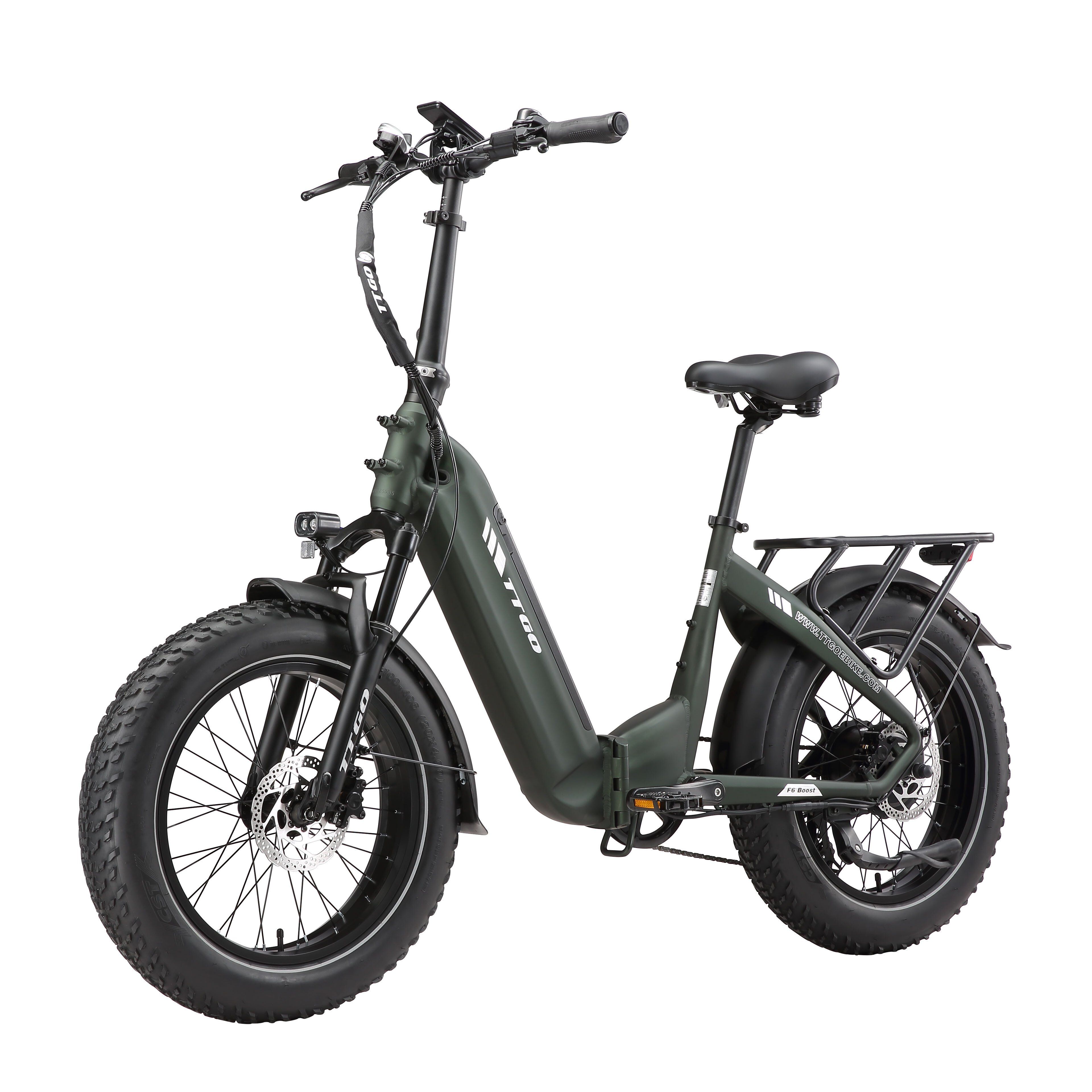 Faltbares E-Bike, olivgrün. Schwarze Reifen, Sattel und Lenker. Gepäckträger hinten. TTGO-Logo am Rahmen.