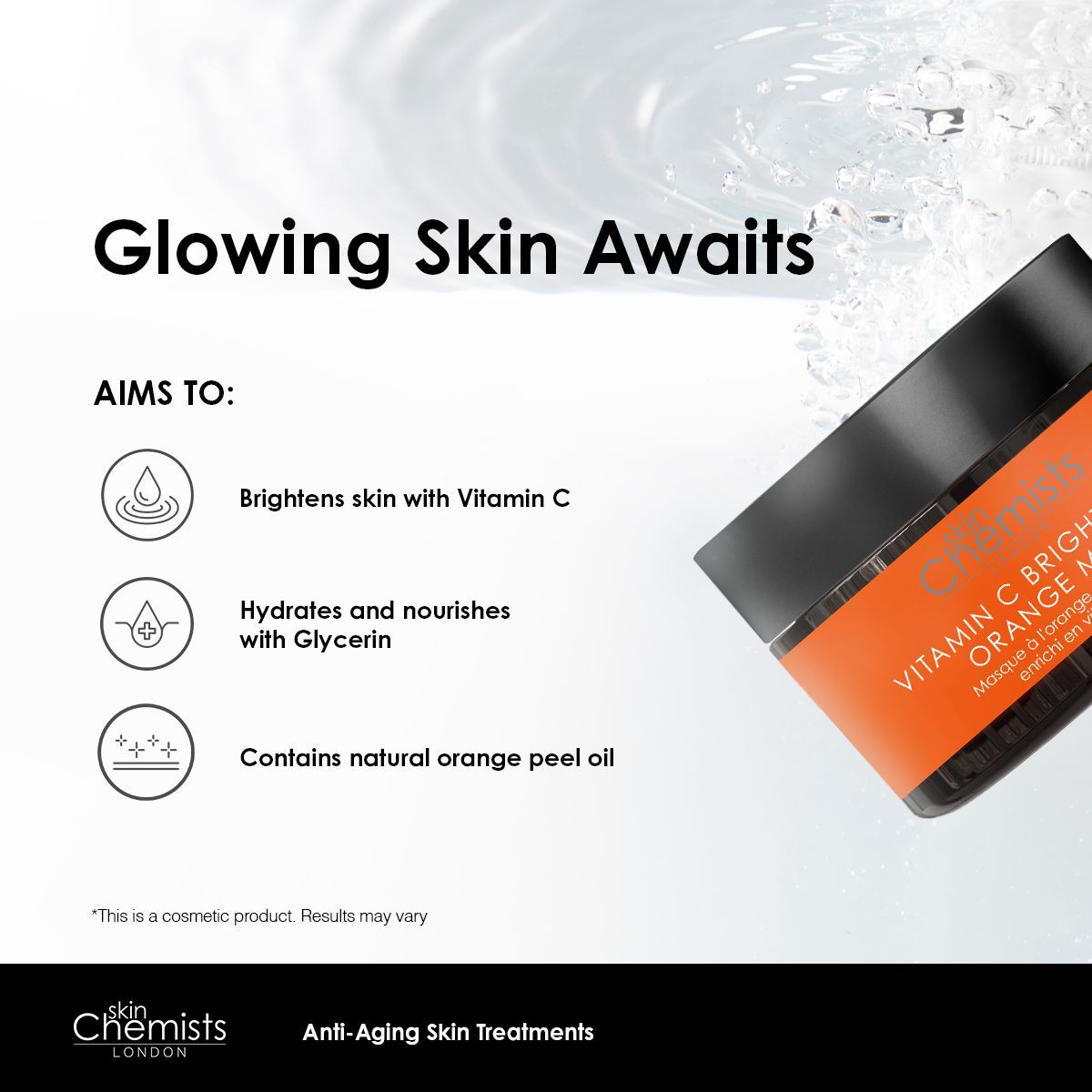 Produkt mit Text: Glowing Skin Awaits. Text: Vitamin C, Glycerin, Orange Peel Oil. Schwarzes Glas mit orangefarbenem Etikett.