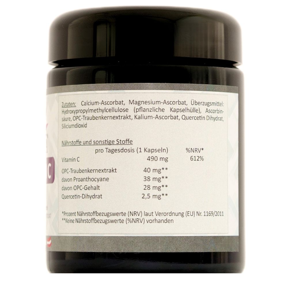 Rückseite der schwarzen Dose. Zutatenliste, Nährwertangaben, Vitamin C, OPC-Traubenkernextrakt.