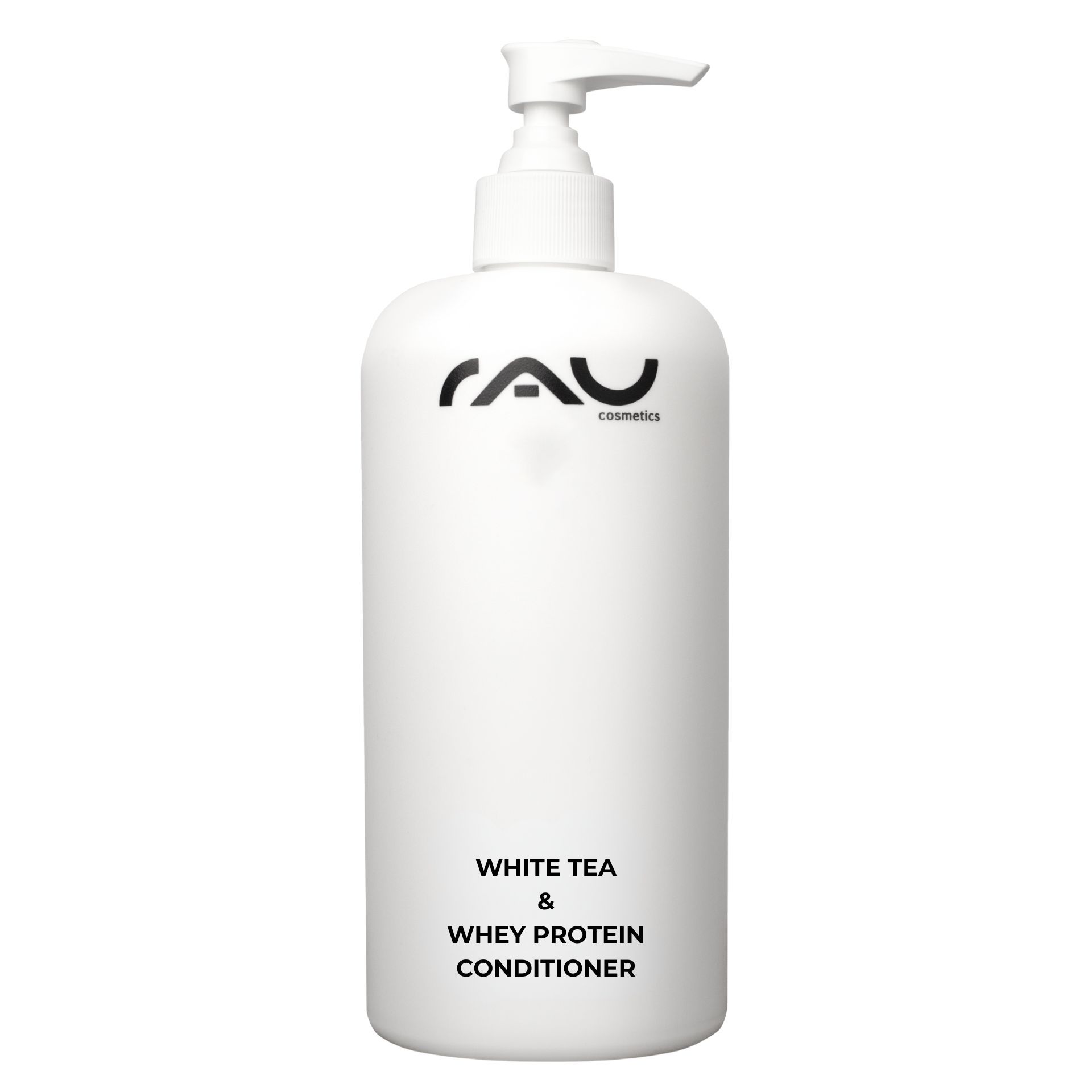 Weiße Flasche mit Pumpe. Aufschrift: RAU cosmetics, White Tea & Whey Protein Conditioner.