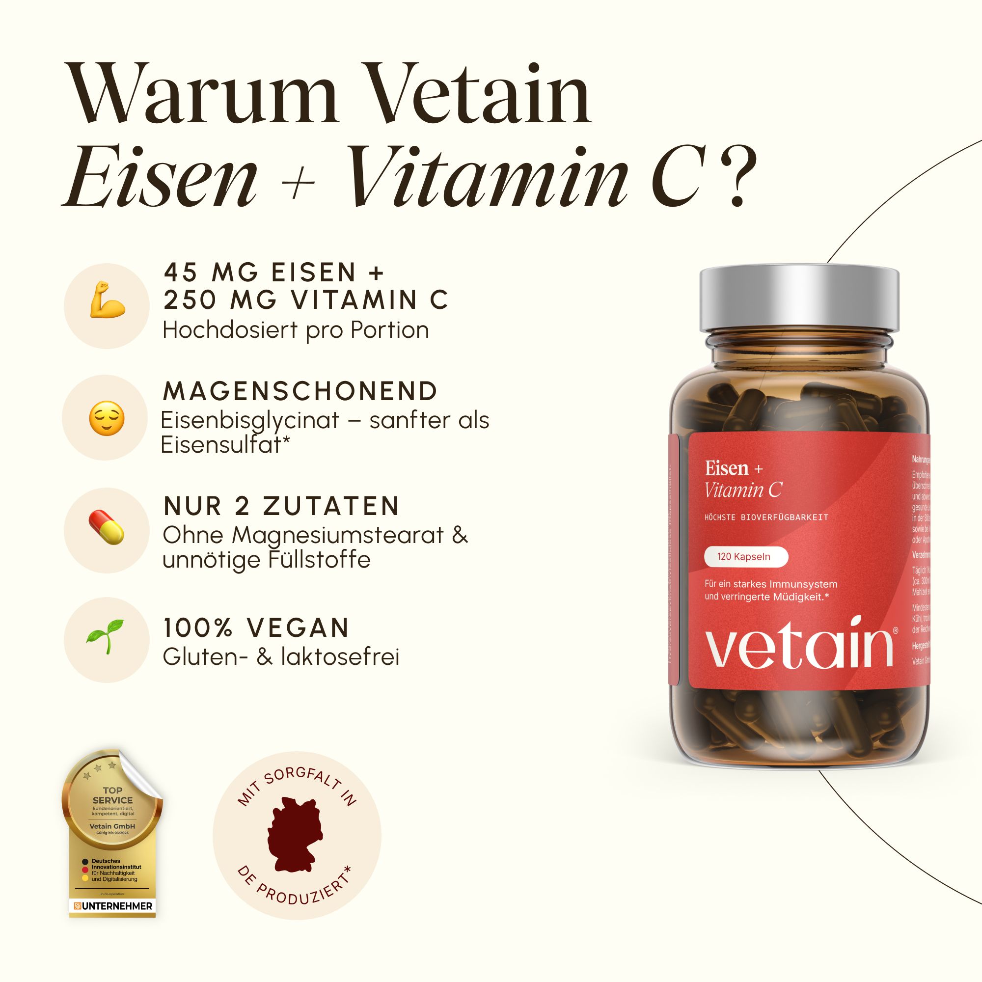 Flasche mit Eisen + Vitamin C Kapseln, Infos zu Inhaltsstoffen und Siegeln.