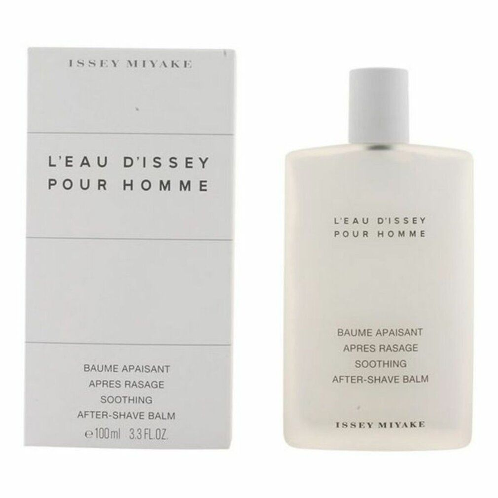 Weißer Flakon und Verpackung. Aufschrift: L'Eau d'Issey pour Homme, Baume Apaisant, Après Rasage, Soothing, After-Shave Balm. Marke: Issey Miyake. Volumen: 100ml.