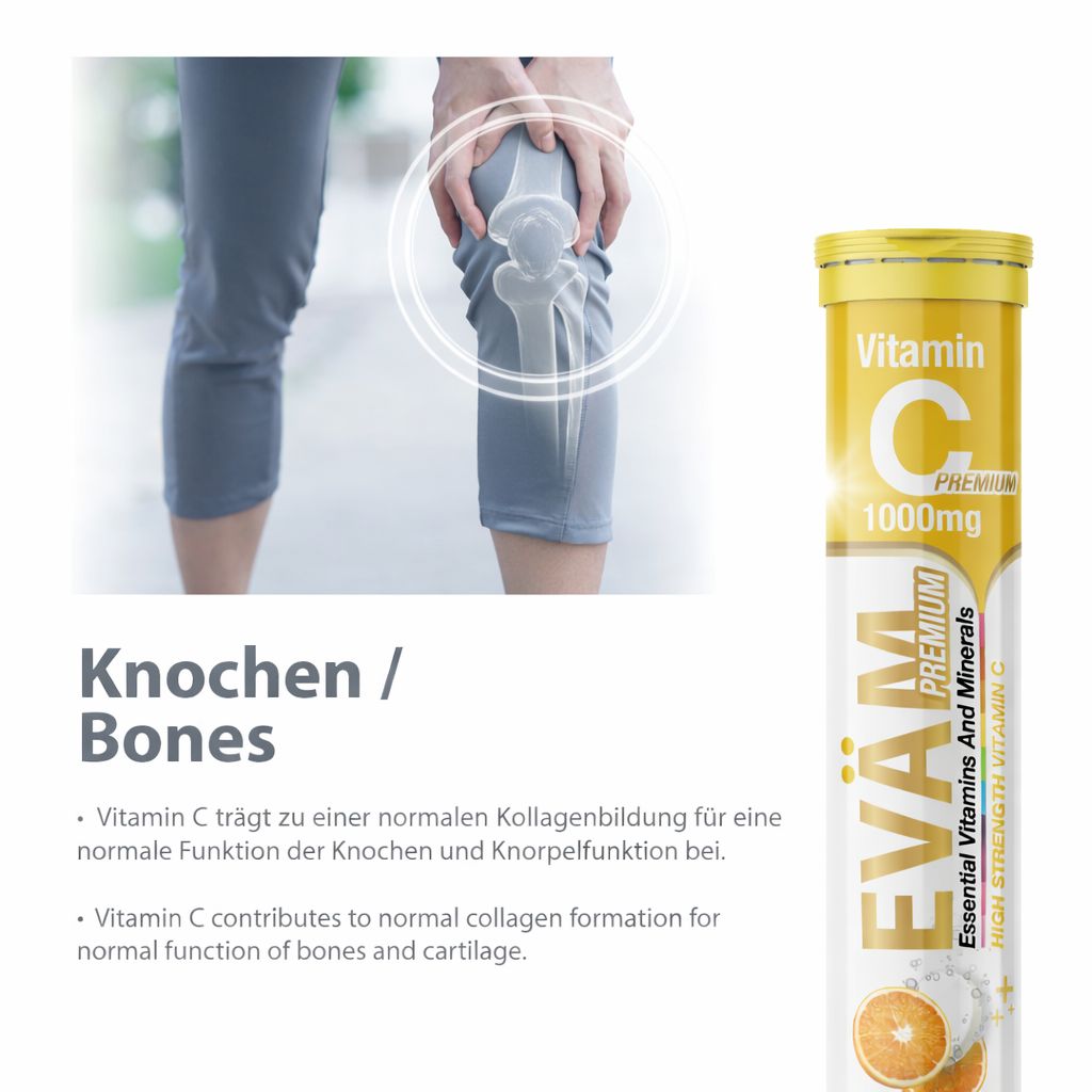 Eine gelbe Tube EVÄM Vitamin C 1000mg Brausetabletten. Aufschrift: Vitamin C, 1000mg, Premium. Text: Knochen. Abbildung eines Knies.
