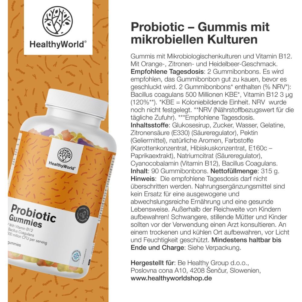 HealthyWorld Probiotic Gummis Flasche, detaillierte Inhaltsstoffliste und Anwendungshinweise.