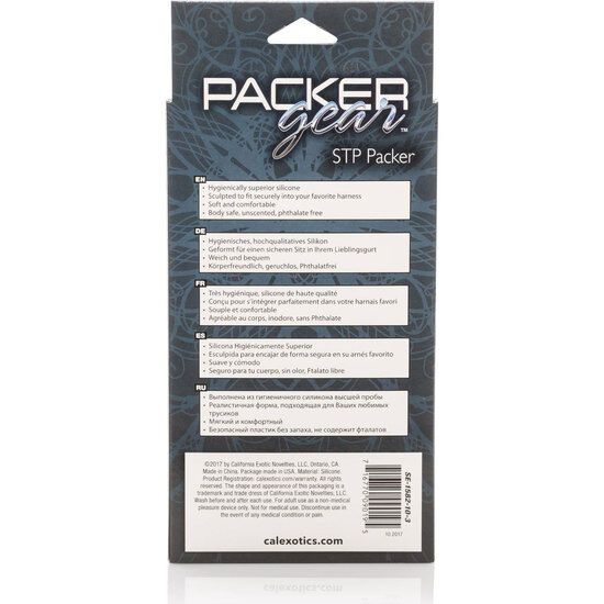 Rückseite der Verpackung. Text: PACKER gear, STP Packer. Mehrsprachige Produktinformationen.