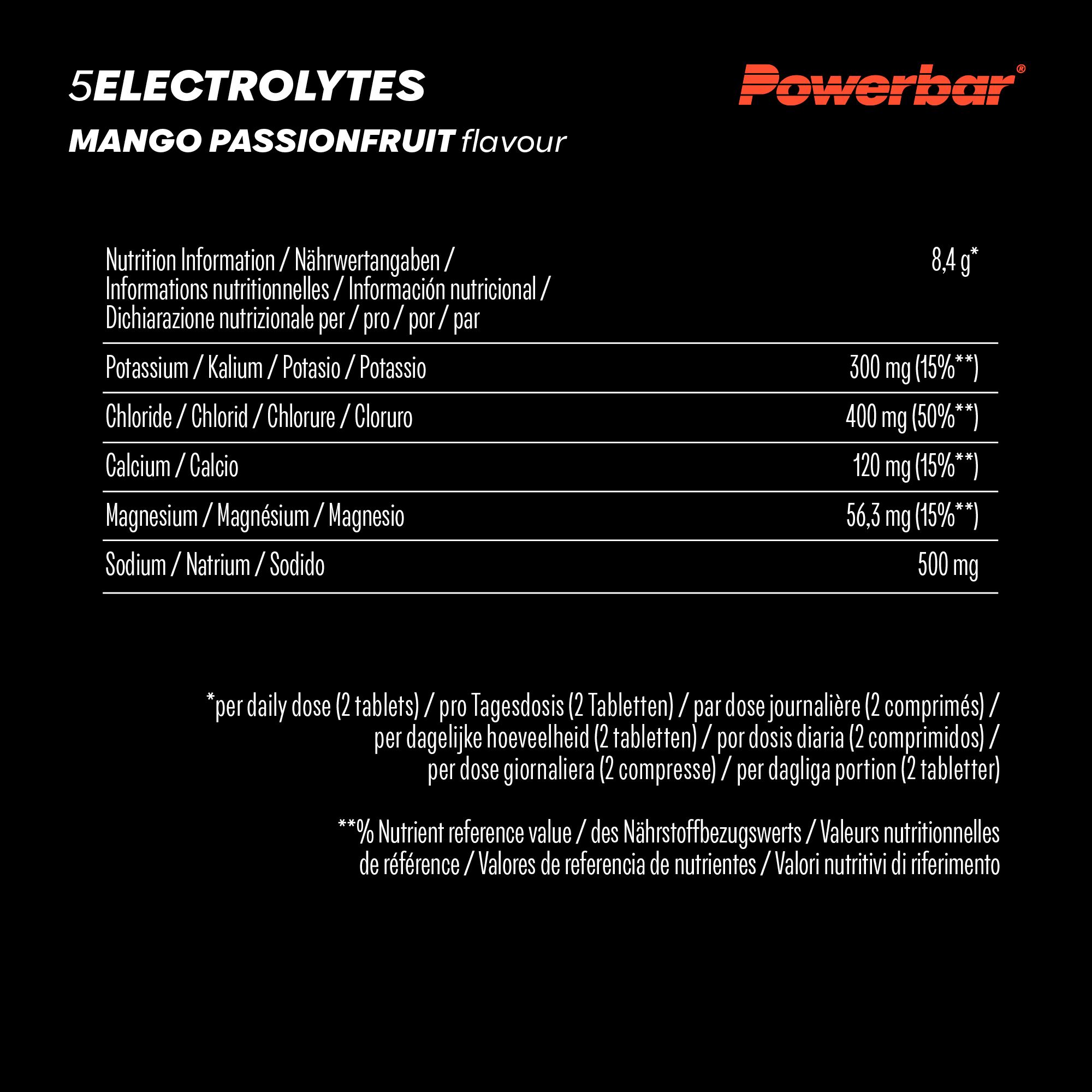 Nährwerttabelle für Powerbar 5 Electrolytes. Enthält Informationen zu Kalium, Chlorid, Calcium, Magnesium und Natrium pro Portion.