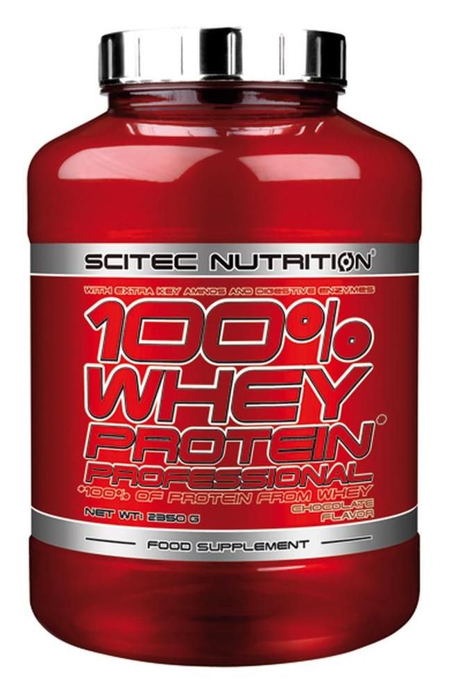 Rote Dose Scitec Nutrition 100% Whey Protein Professional. Text: Chocolate Flavor, Net Wt. 2350 g. Nahrungsergänzungsmittel.